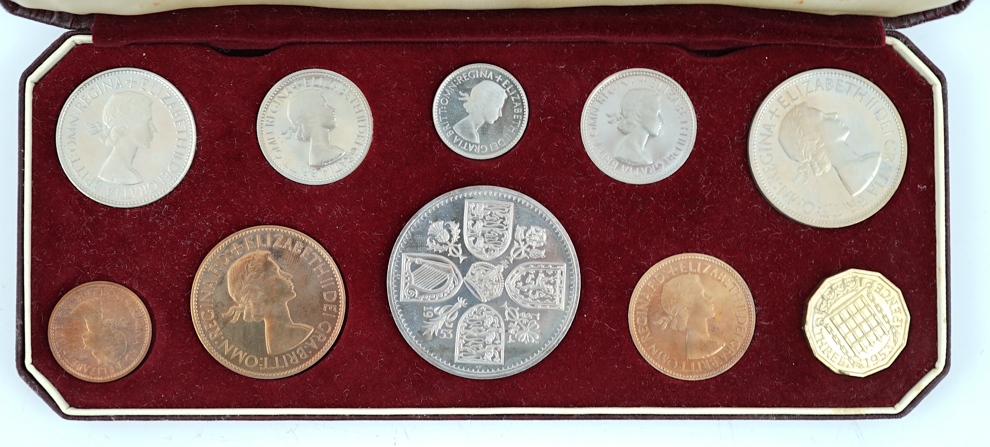 British coins, Queen Elizabeth II coronation proof coin set 1953, farthing to five shillings, cased